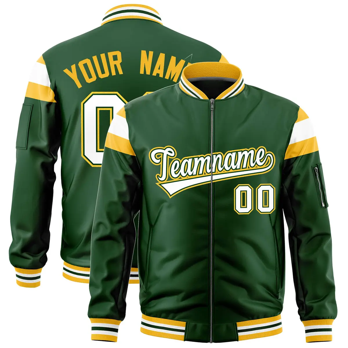 Green Gold-White Full-Zip Shoulder Color Block Varsity Letterman Bomber Jacket