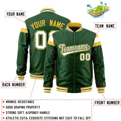Green Gold-White Full-Zip Shoulder Color Block Varsity Letterman Bomber Jacket 2