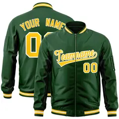 Green Gold-White Full-Zip Varsity Letterman Bomber Jacket 1