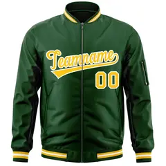 Green Gold-White Full-Zip Varsity Letterman Bomber Jacket 3