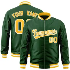 Green Gold-White Full-Zip Varsity Letterman Bomber Jacket