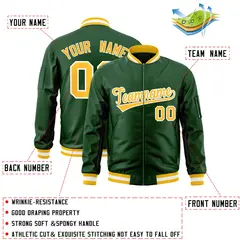 Green Gold-White Full-Zip Varsity Letterman Bomber Jacket 2