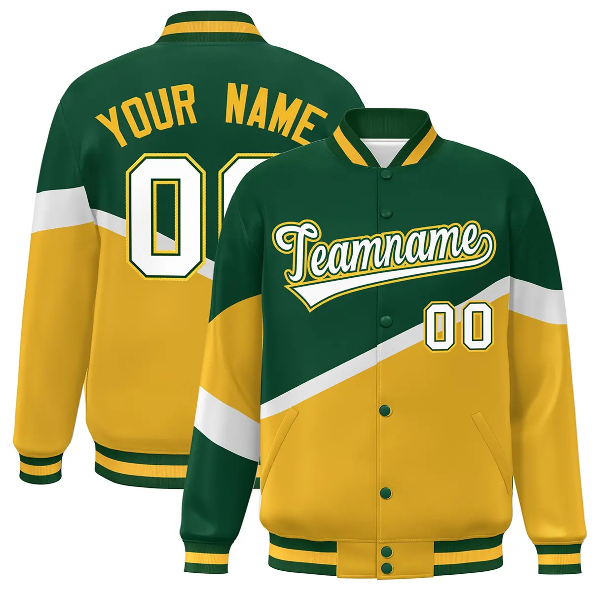 Green Gold White-Green Color Block Varsity Baseball Jacket