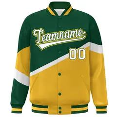 Green Gold White-Green Color Block Varsity Baseball Jacket 3