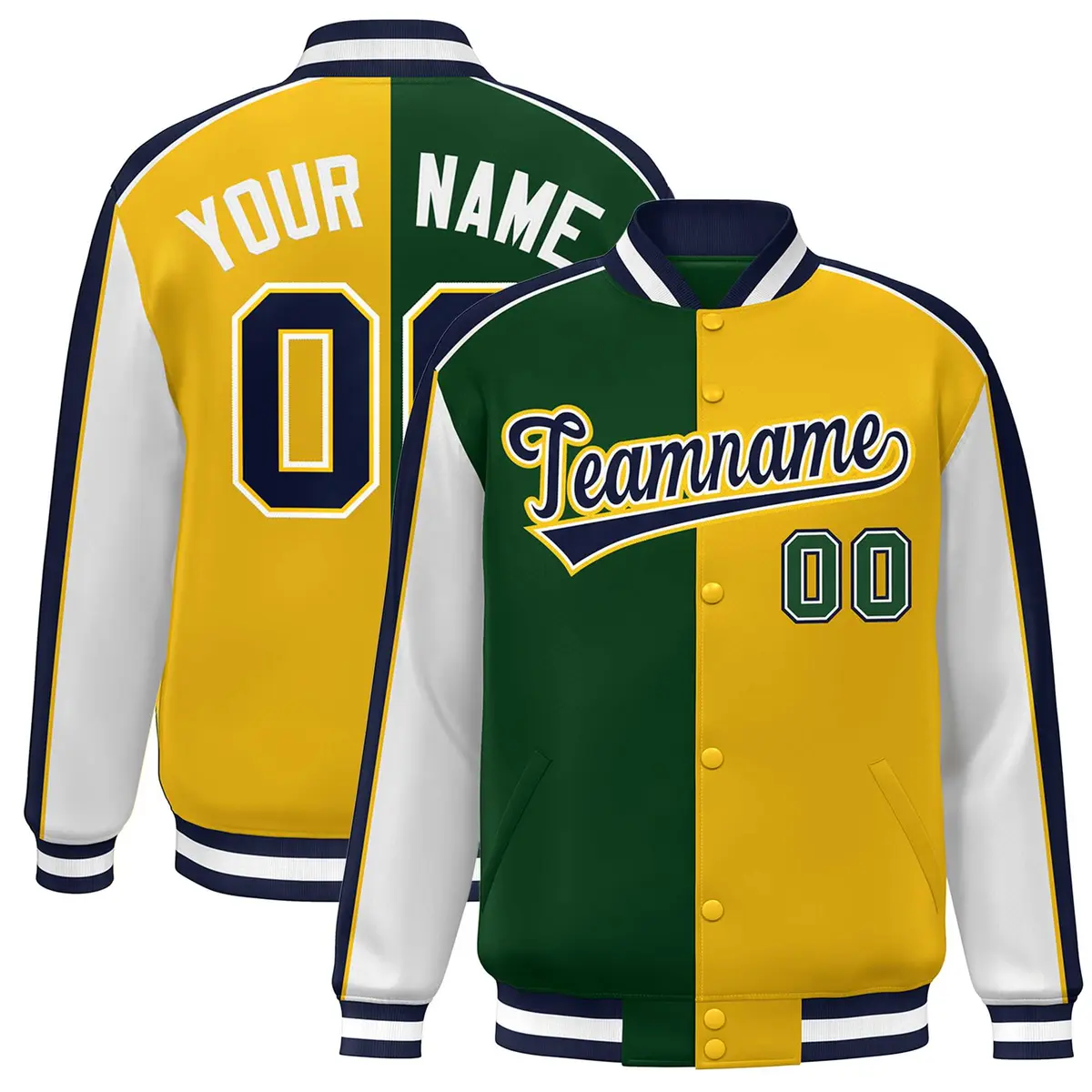 Green Gold White-Navy Color Block Varsity Bomber Baseball Jacket
