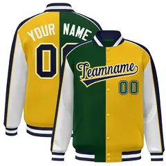 Green Gold White-Navy Color Block Varsity Bomber Baseball Jacket