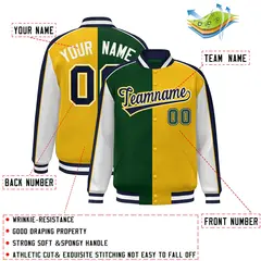 Green Gold White-Navy Color Block Varsity Bomber Baseball Jacket 2