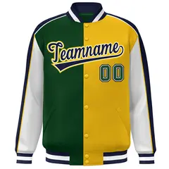 Green Gold White-Navy Color Block Varsity Bomber Baseball Jacket 3