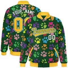 Green Gold-White Paw Prints Graffiti Varsity Letterman Baseball Jacket
