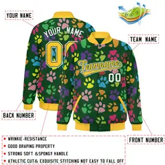 Green Gold-White Paw Prints Graffiti Varsity Letterman Baseball Jacket 2