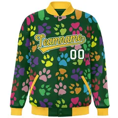 Green Gold-White Paw Prints Graffiti Varsity Letterman Baseball Jacket 3