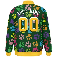 Green Gold-White Paw Prints Graffiti Varsity Letterman Baseball Jacket 4