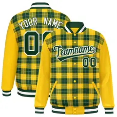 Green Gold-White Plaid Varsity Full-Snap Letterman Baseball Jacket