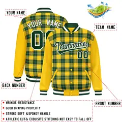Green Gold-White Plaid Varsity Full-Snap Letterman Baseball Jacket 2