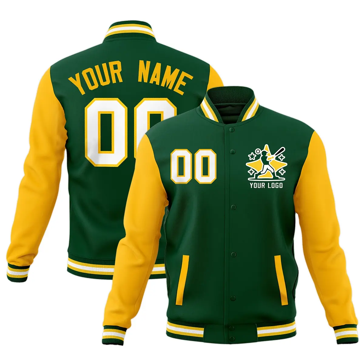 Green Gold White Raglan Full-Snap Letterman Cotton Jacket