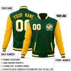 Green Gold White Raglan Full-Snap Letterman Cotton Jacket 2