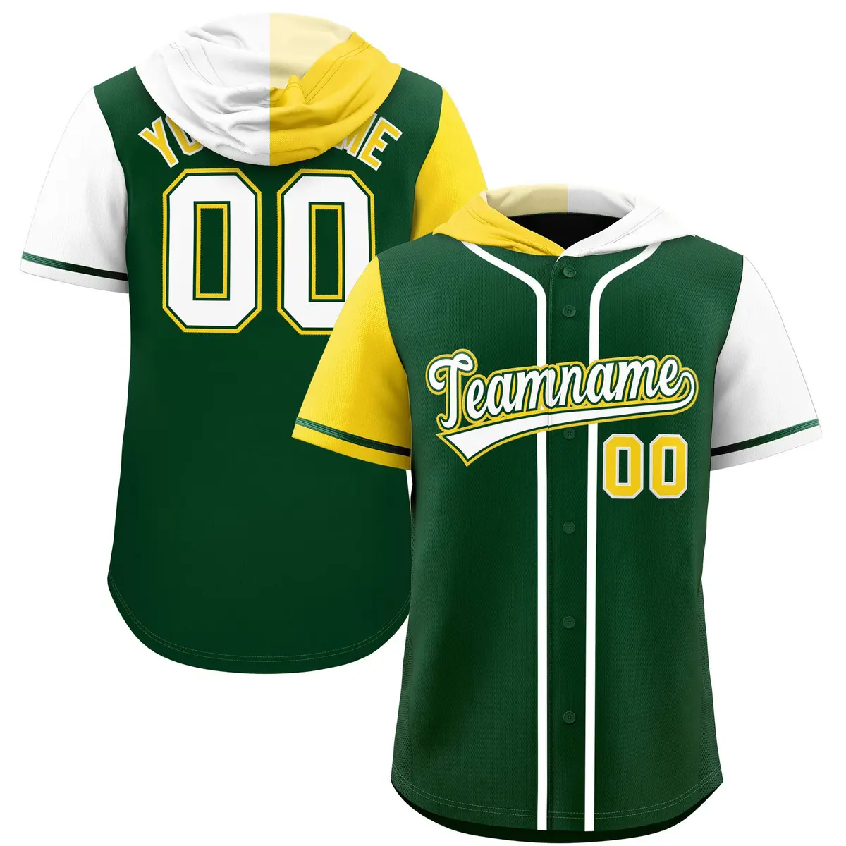 Green Gold White Split Raglan Baseball Hoodie Jersey