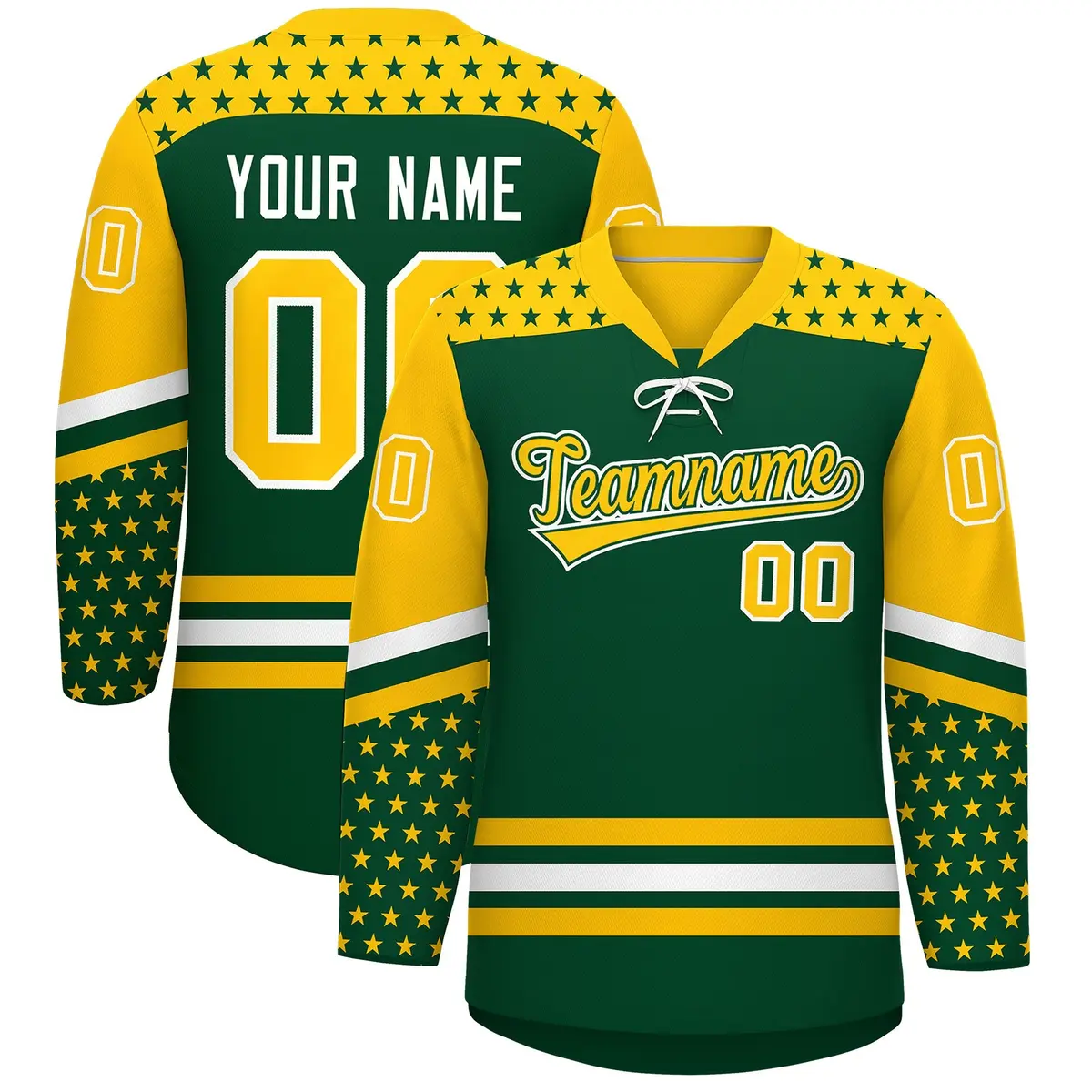 Green Gold White Star Series Lace-Up Neck Hockey Jersey