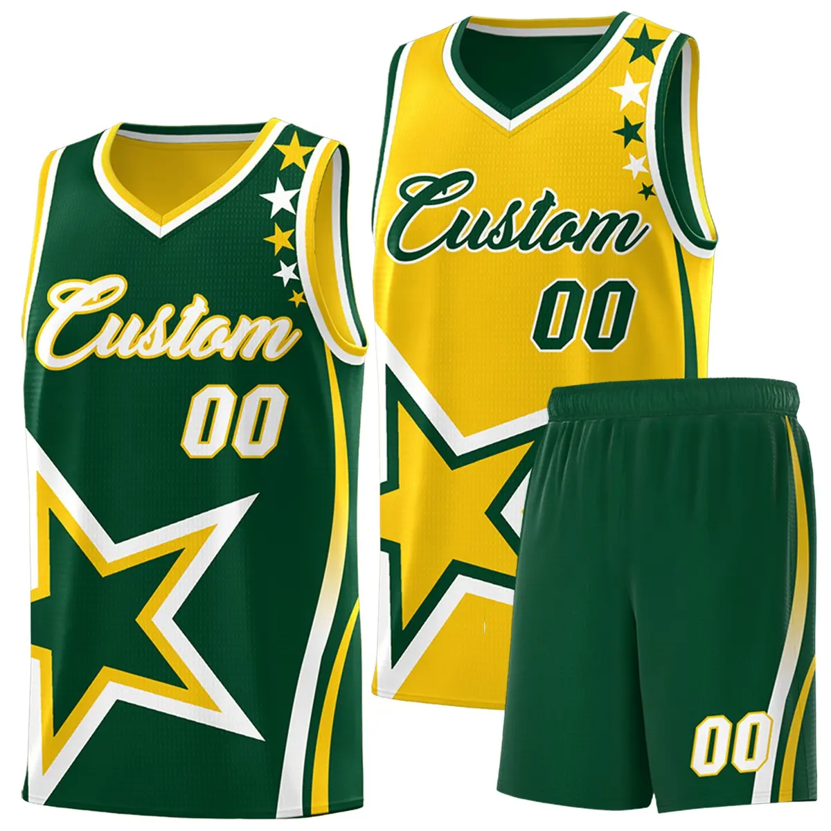 Green Gold White Star Series Reversible Basketball Jersey
