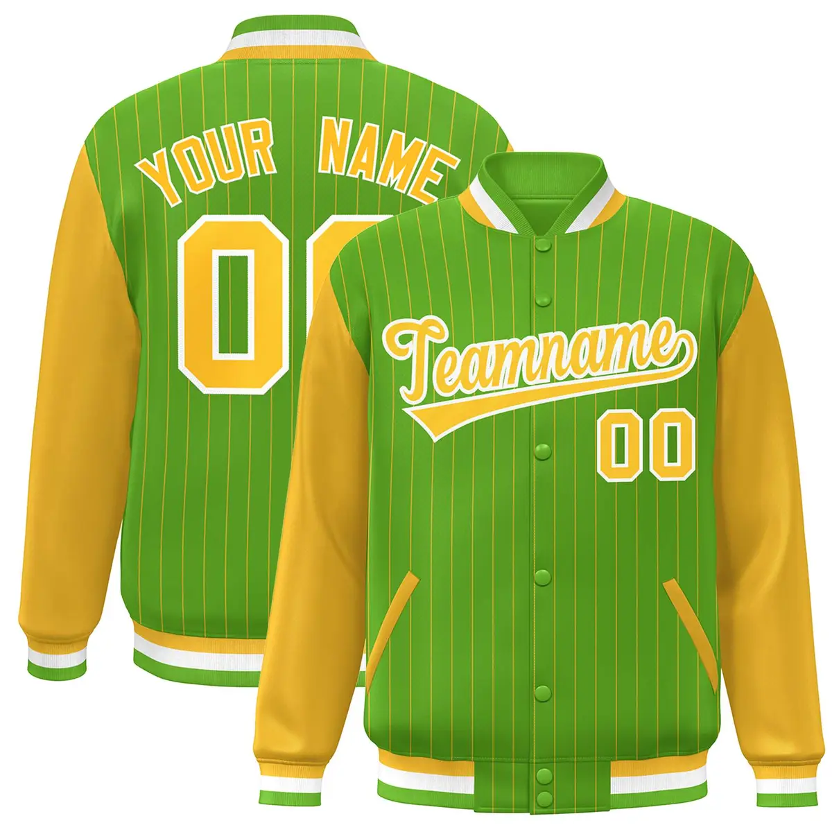 Green Gold-White Stripe Varsity Bomber Jacket with Raglan Sleeves