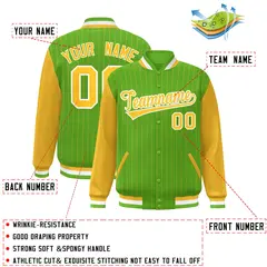 Green Gold-White Stripe Varsity Bomber Jacket with Raglan Sleeves 2