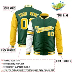 Green Gold-White Stripe Varsity Letterman Bomber Jacket 2