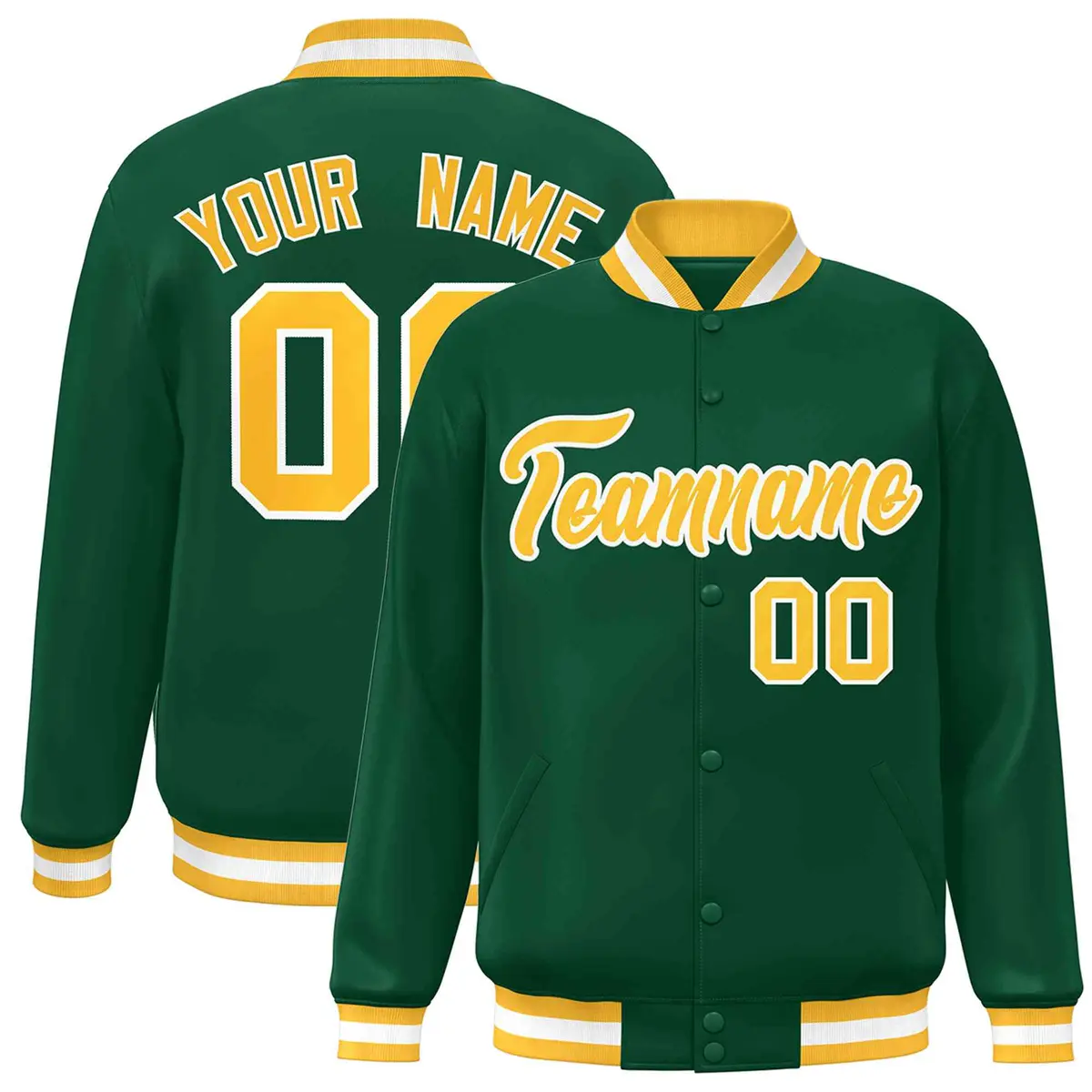 Green Gold-White Varsity Full-Snap Letterman Jacket