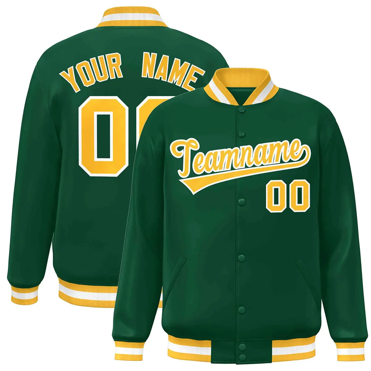 Green Gold-White Varsity Full-Snap Letterman Jacket