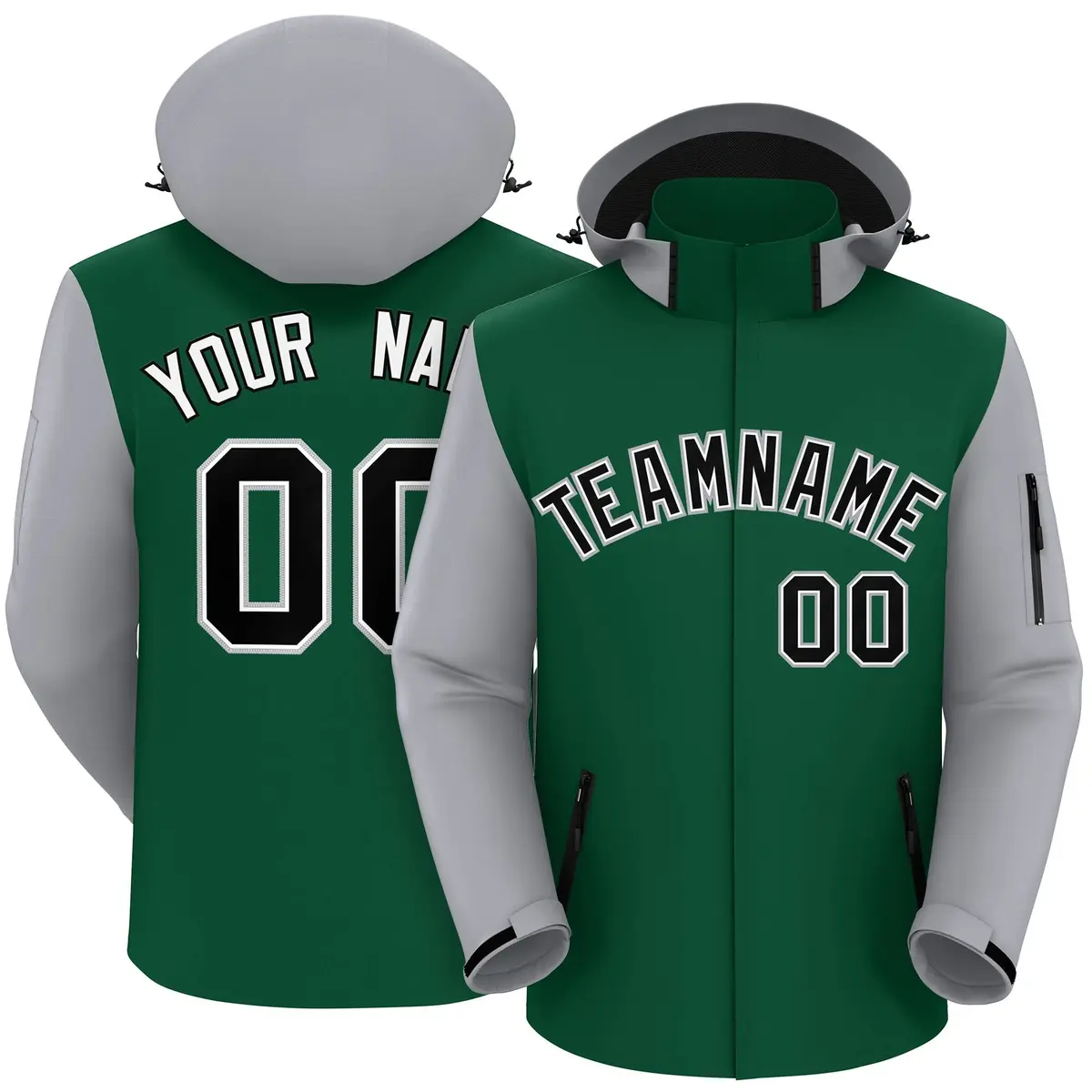 Green Gray-Black Raglan Sleeves Waterproof Jacket