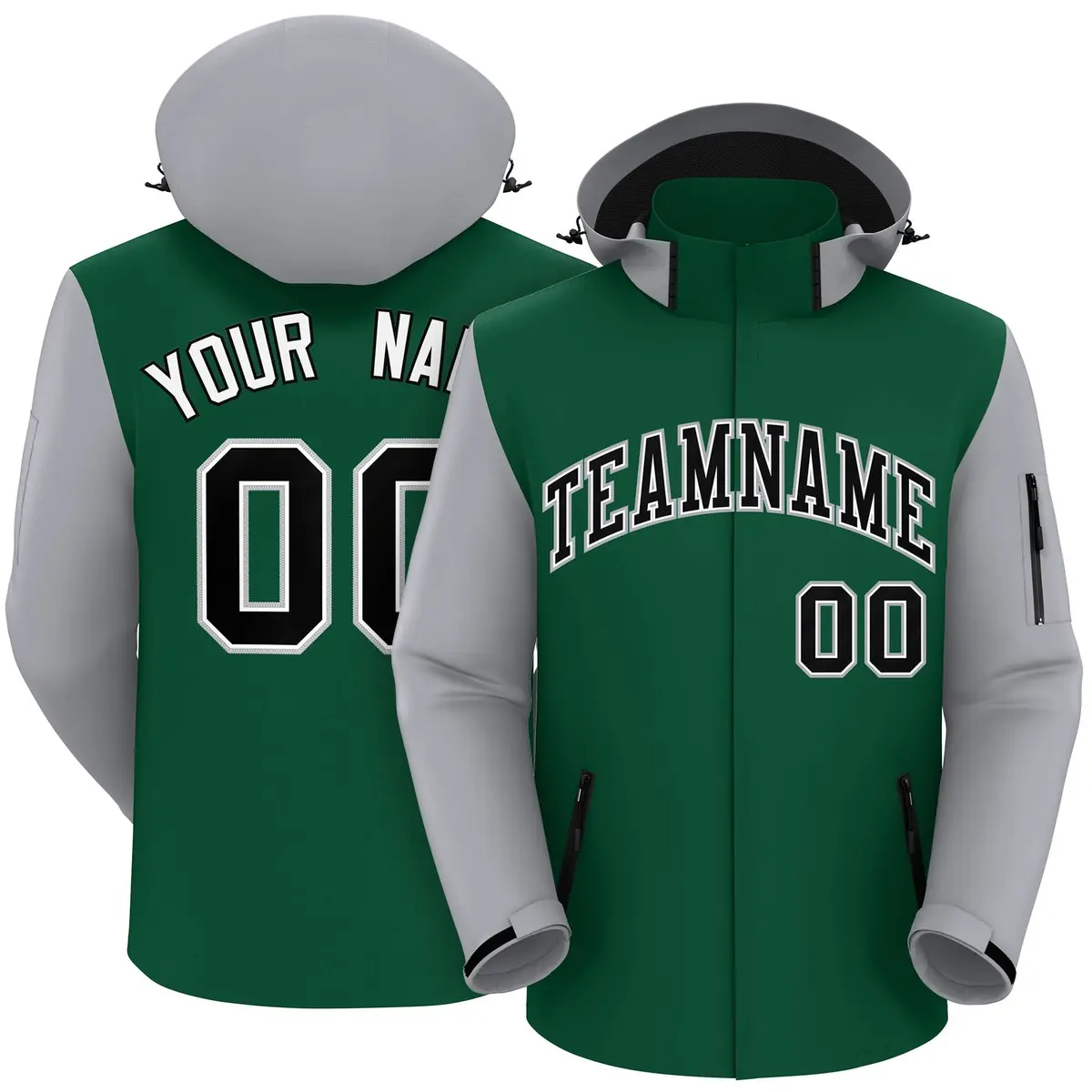 Green Gray-Black Raglan Sleeves Waterproof Jacket