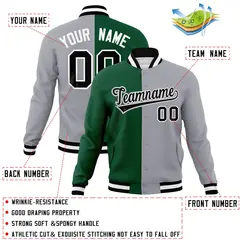 Green Gray-Black Two Tone Split Varsity Letterman Jacket 4