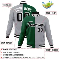 Green Gray-Black Two Tone Split Varsity Letterman Jacket 4