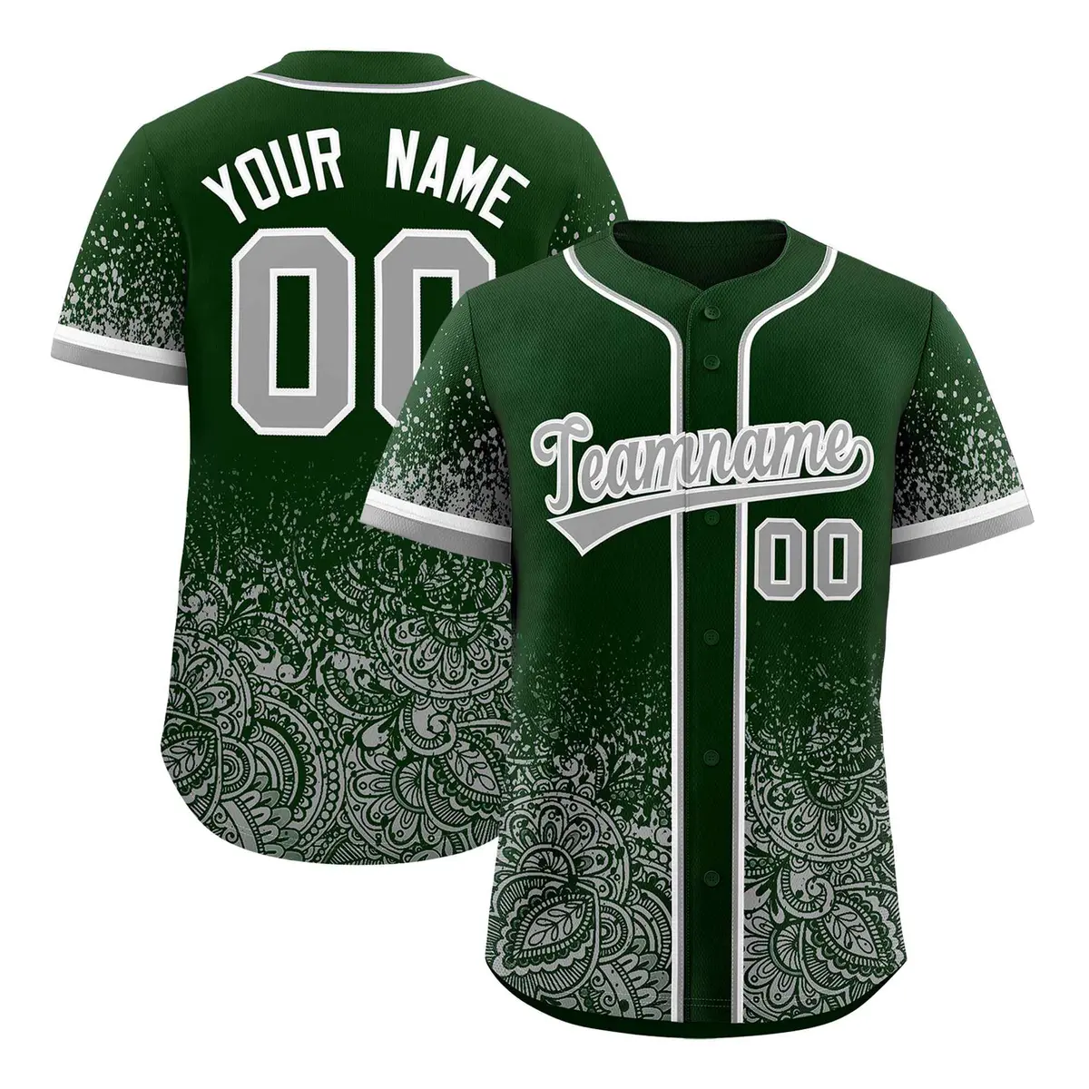 Green Gray Floral Gradient Full Button Baseball Jersey