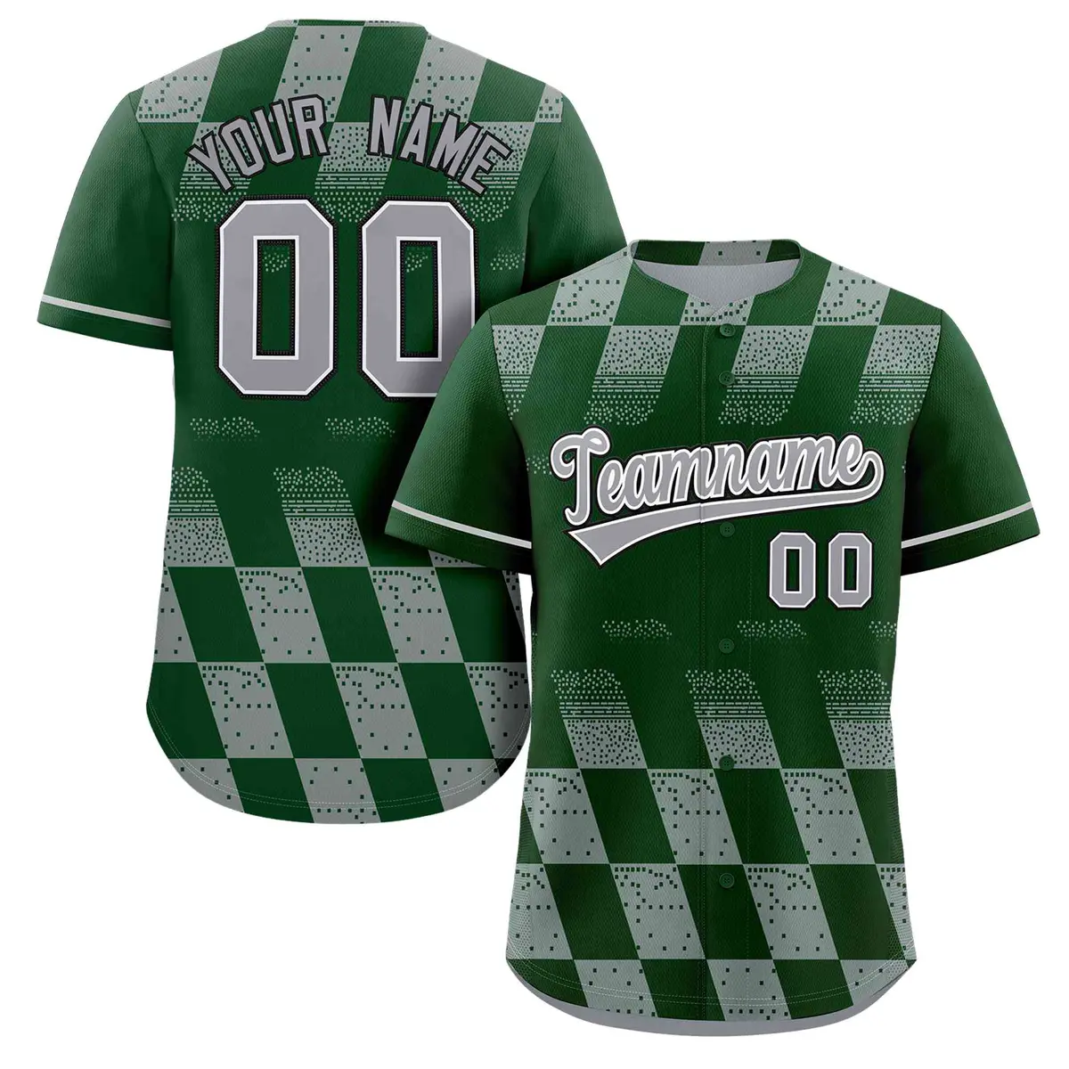 Green Gray Grid Speckles Color Block Baseball Jersey