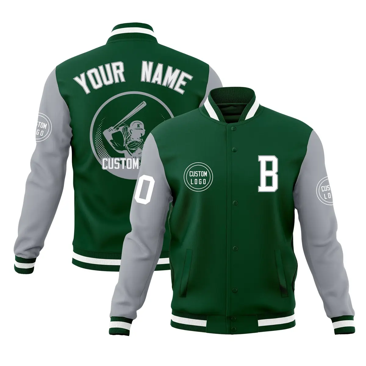 Green Gray Raglan Sleeves Full-Snap Varsity Letterman Jacket