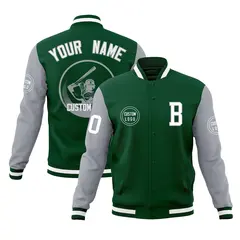 Green Gray Raglan Sleeves Full-Snap Varsity Letterman Jacket 1