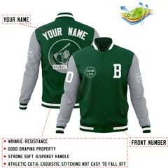 Green Gray Raglan Sleeves Full-Snap Varsity Letterman Jacket 4