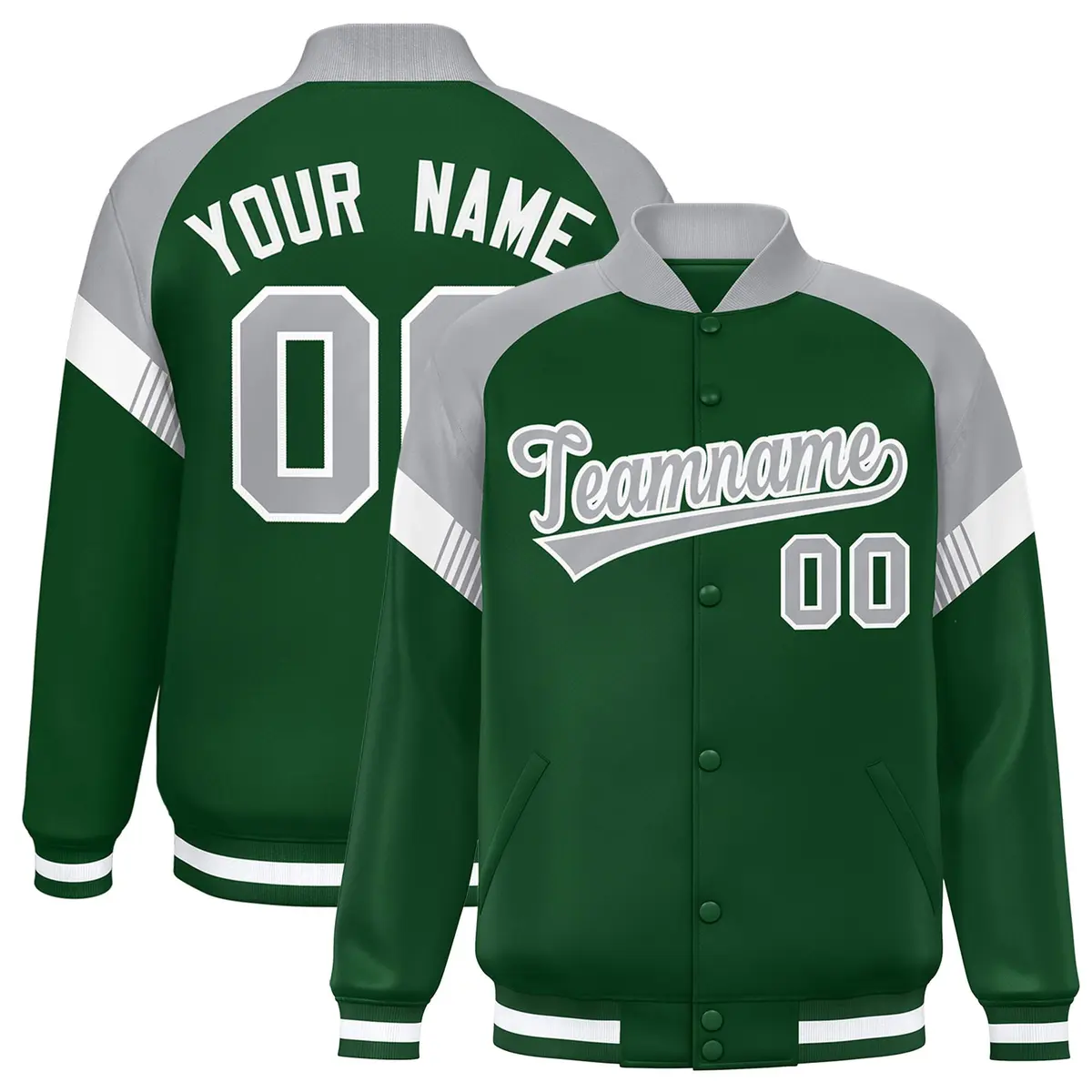 Green Gray-White Color Block Varsity Letterman Jacket