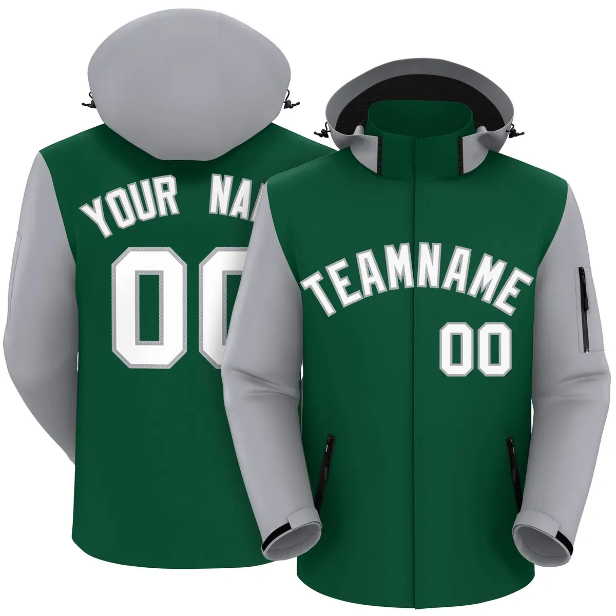 Green Gray-White Raglan Sleeves Waterproof Jacket