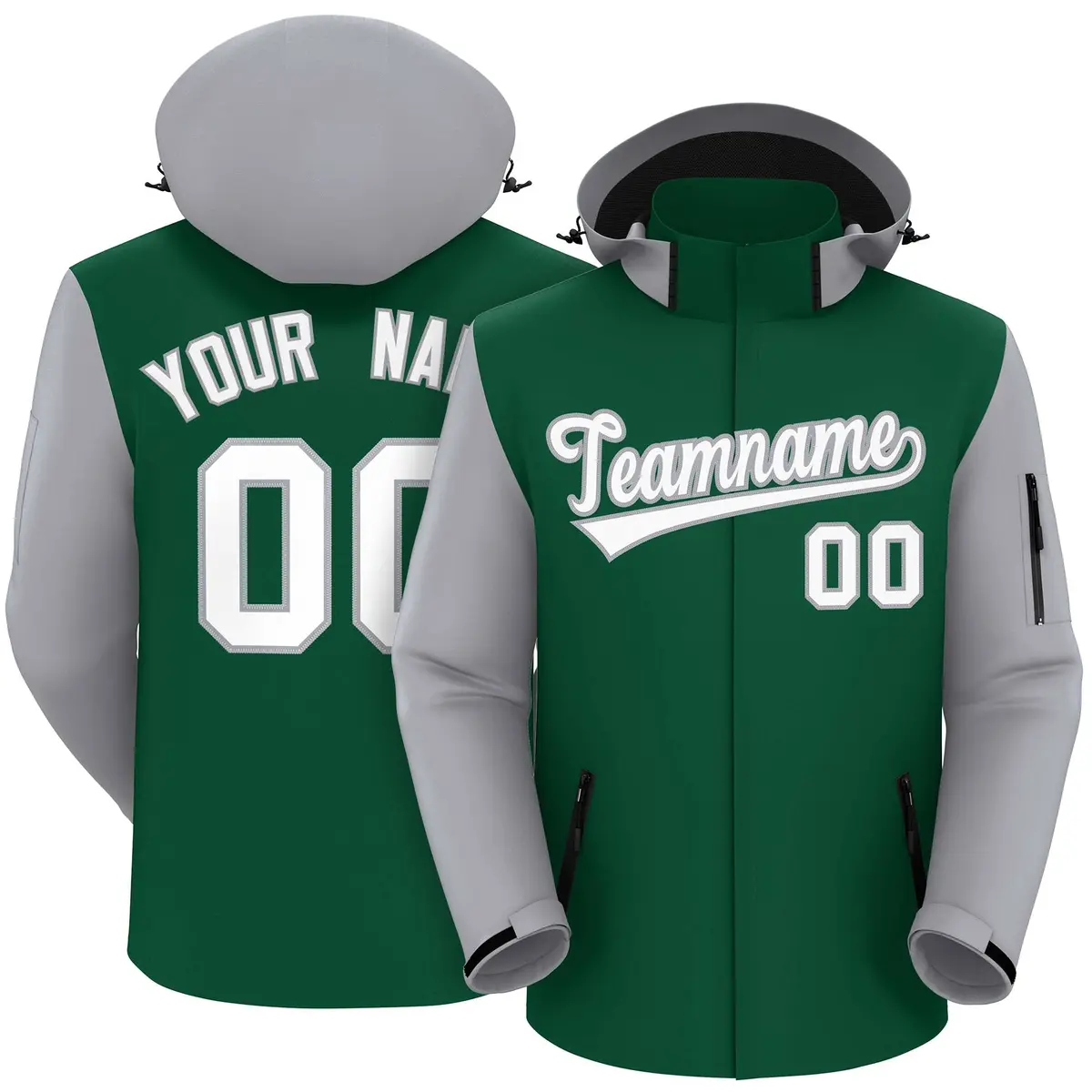 Green Gray-White Raglan Sleeves Waterproof Jacket
