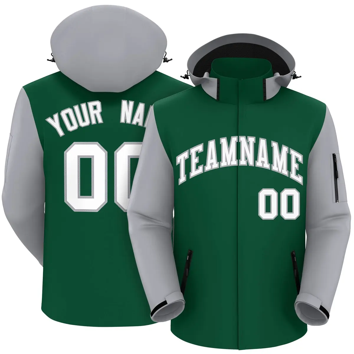 Green Gray-White Raglan Sleeves Waterproof Jacket
