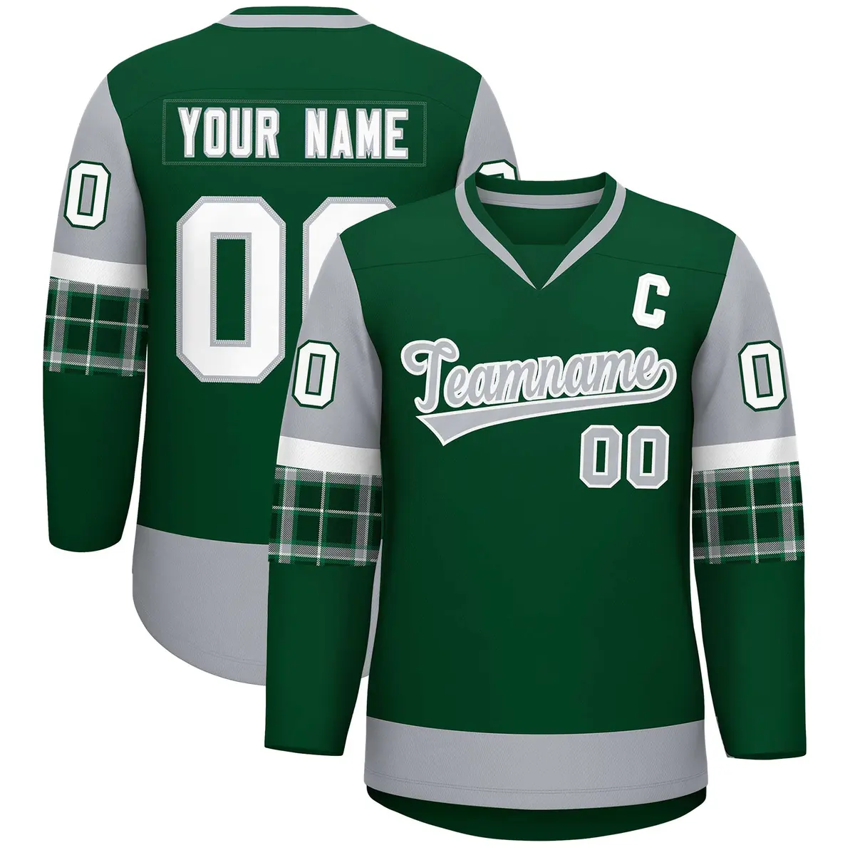 Green Gray-White Raglan V-Neck Hockey Jersey