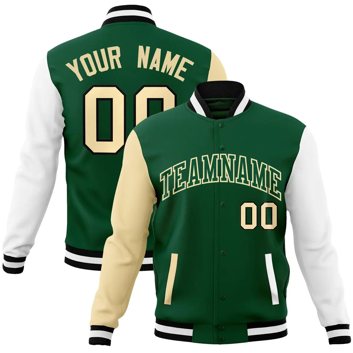 Green Green-Khaki Raglan Varsity Full-Snap Letterman Jacket