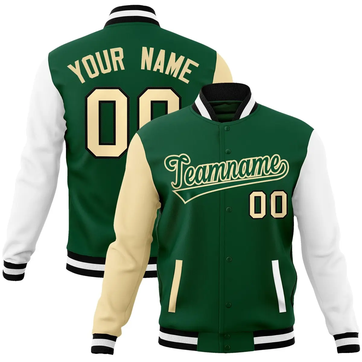 Green Green-Khaki Raglan Varsity Full-Snap Letterman Jacket