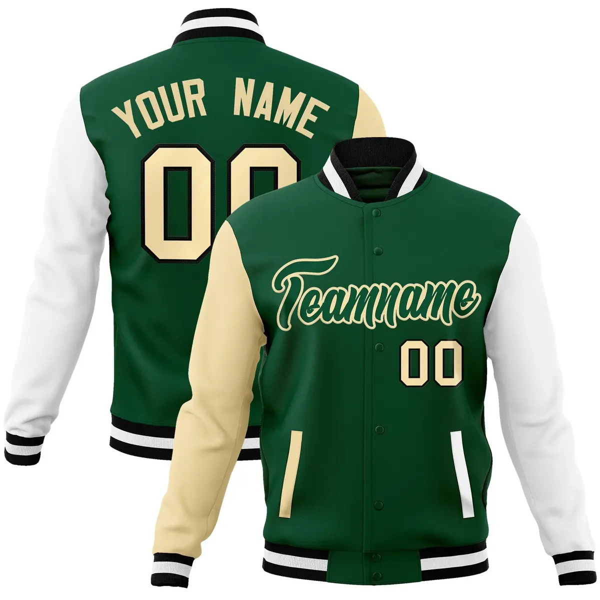 Green Green-Khaki Raglan Varsity Full-Snap Letterman Jacket