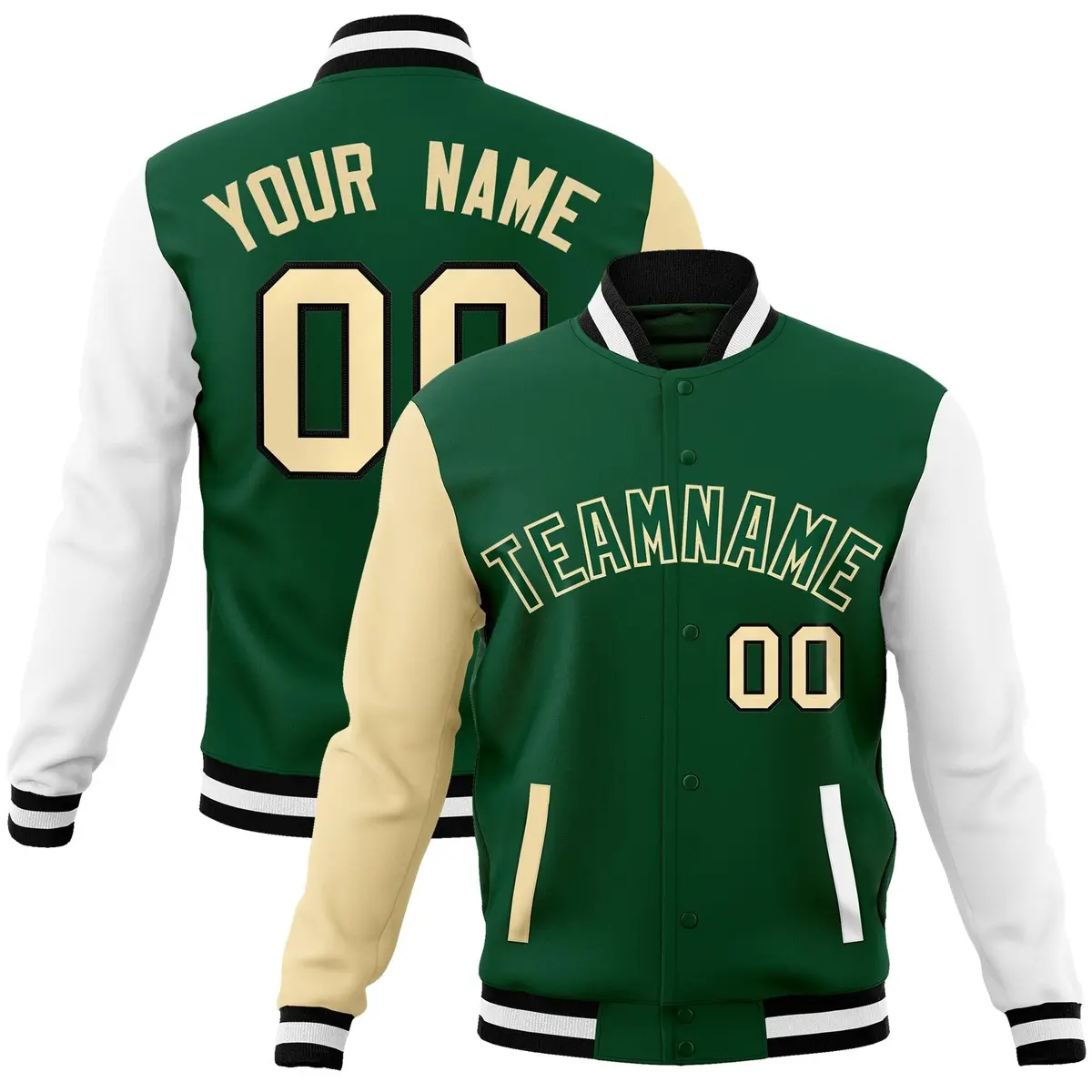 Green Green-Khaki Raglan Varsity Full-Snap Letterman Jacket