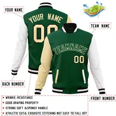 Green Green-Khaki Raglan Varsity Full-Snap Letterman Jacket 4