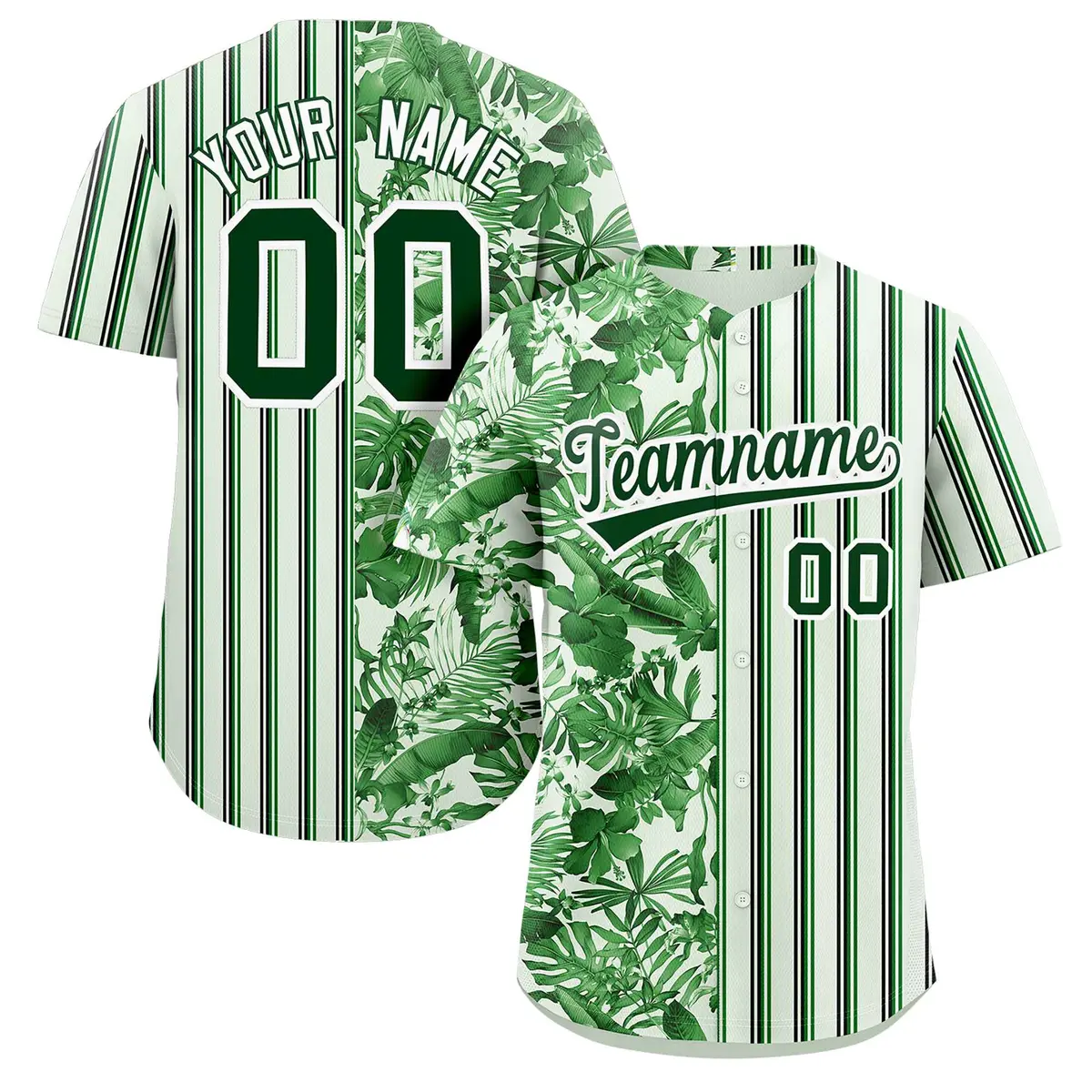 Green Hawaii Tropical Flower Stripe Baseball Jersey