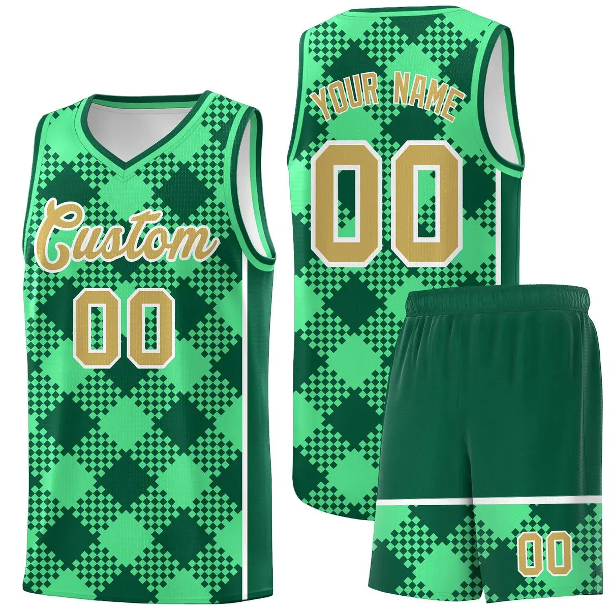 Green Kelly Green-White Grid Basketball Kits For Team