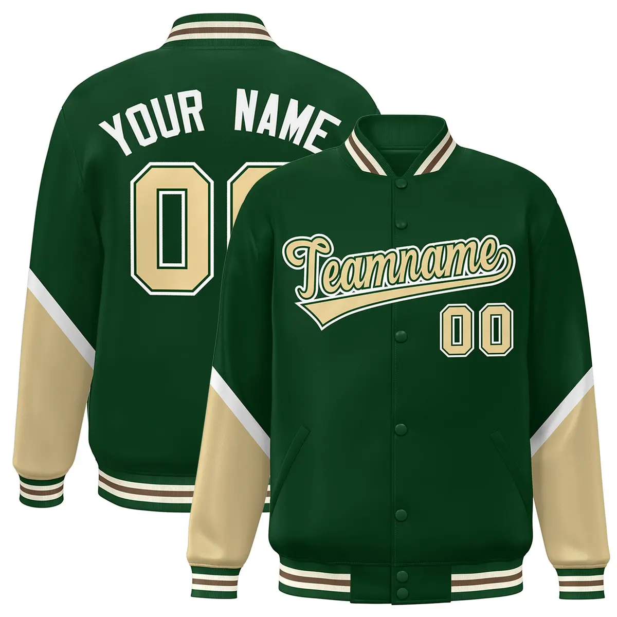 Green Khaki Color Block Varsity Full-Snap Letterman Baseball Jacket